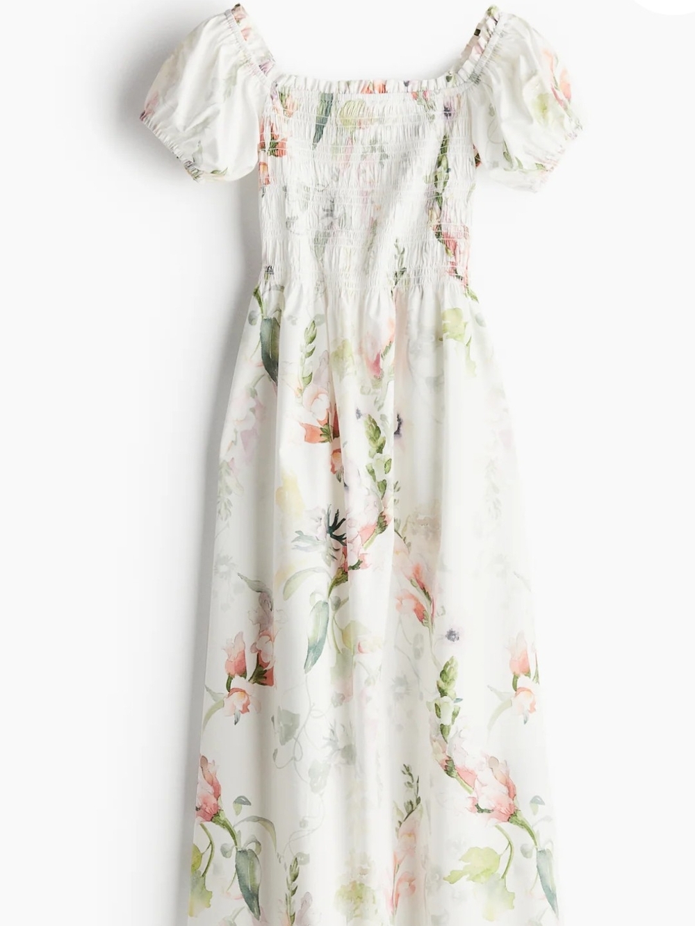 H&M Sz L Floral Print Off the Shoulder Puff-Sleeve Smocked Poplin Midi Dress - Picture 2 of 14